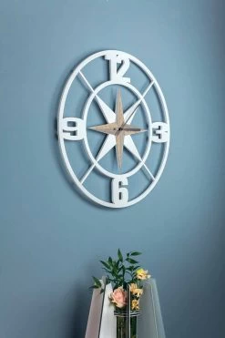 Grande Horloge Murale Design En Bois Shabby Blanc Et Marron - Charnière -Décoration D'intérieur orologio grande a parete design in legno bianco e marrone shabby cardine 2