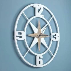 Grande Horloge Murale Design En Bois Shabby Blanc Et Marron - Charnière