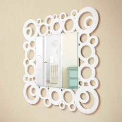 Miroir Mural Carré Blanc De Design Moderne Avec Décorations En Bois - Bulle