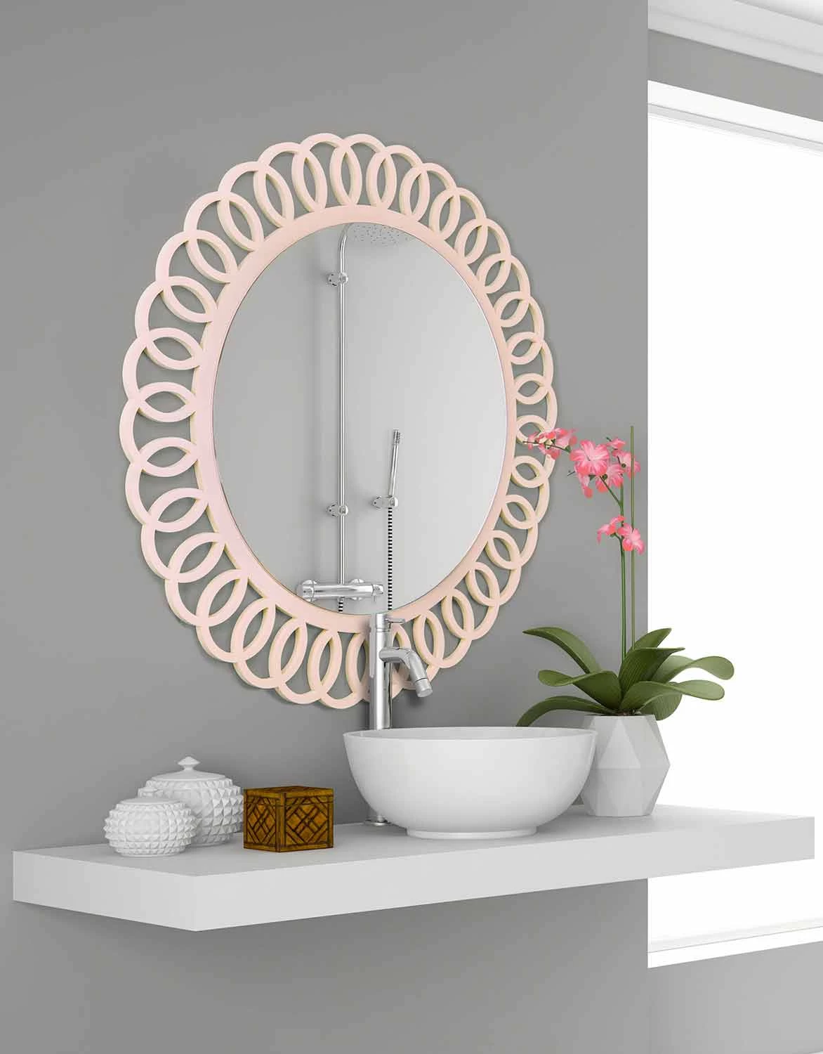 Grand Miroir Mural De Design Décoratif Et Moderne En Bois Rose - Couronne 6 Grand Miroir Mural De Design Décoratif Et Moderne En Bois Rose - Couronne – Image 4
