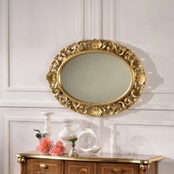 Miroir Ovale Avec Cadre En Bois Perforé à La Feuille D'or Made In Italy - Florence -Décoration D'intérieur specchio ovale cornice legno traforato foglia oro made in italy florence 1