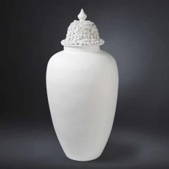 Grand Vase En Céramique Blanche Avec Embout Décoré Fait à La Main En Italie - Verio